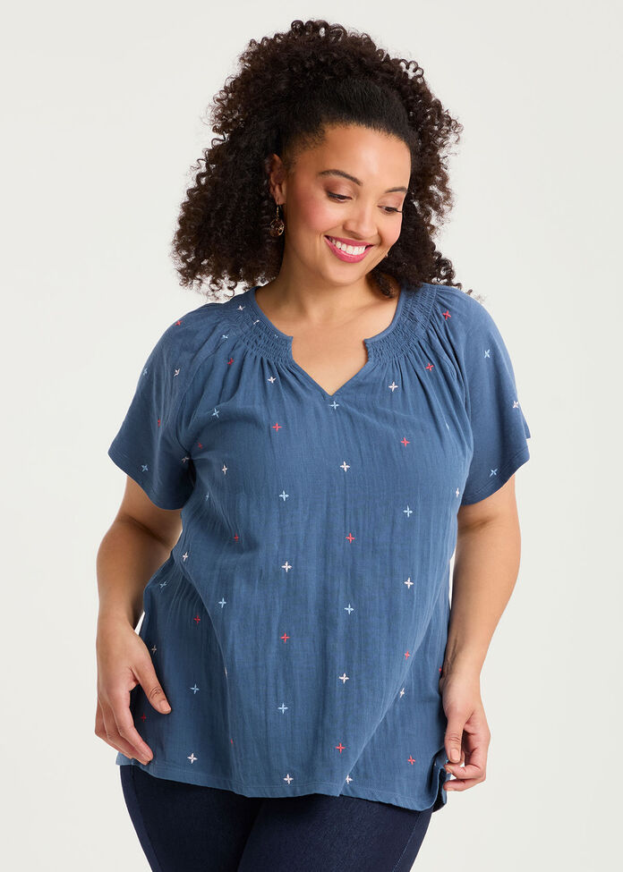 Cotton Embroidery Shirred Neck Top, , hi-res
