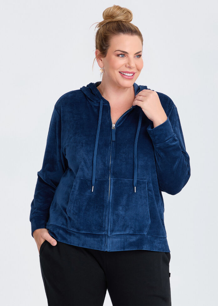 Shop Plus Size Velour Hooded Zip Through Jacket, Blue Taking
