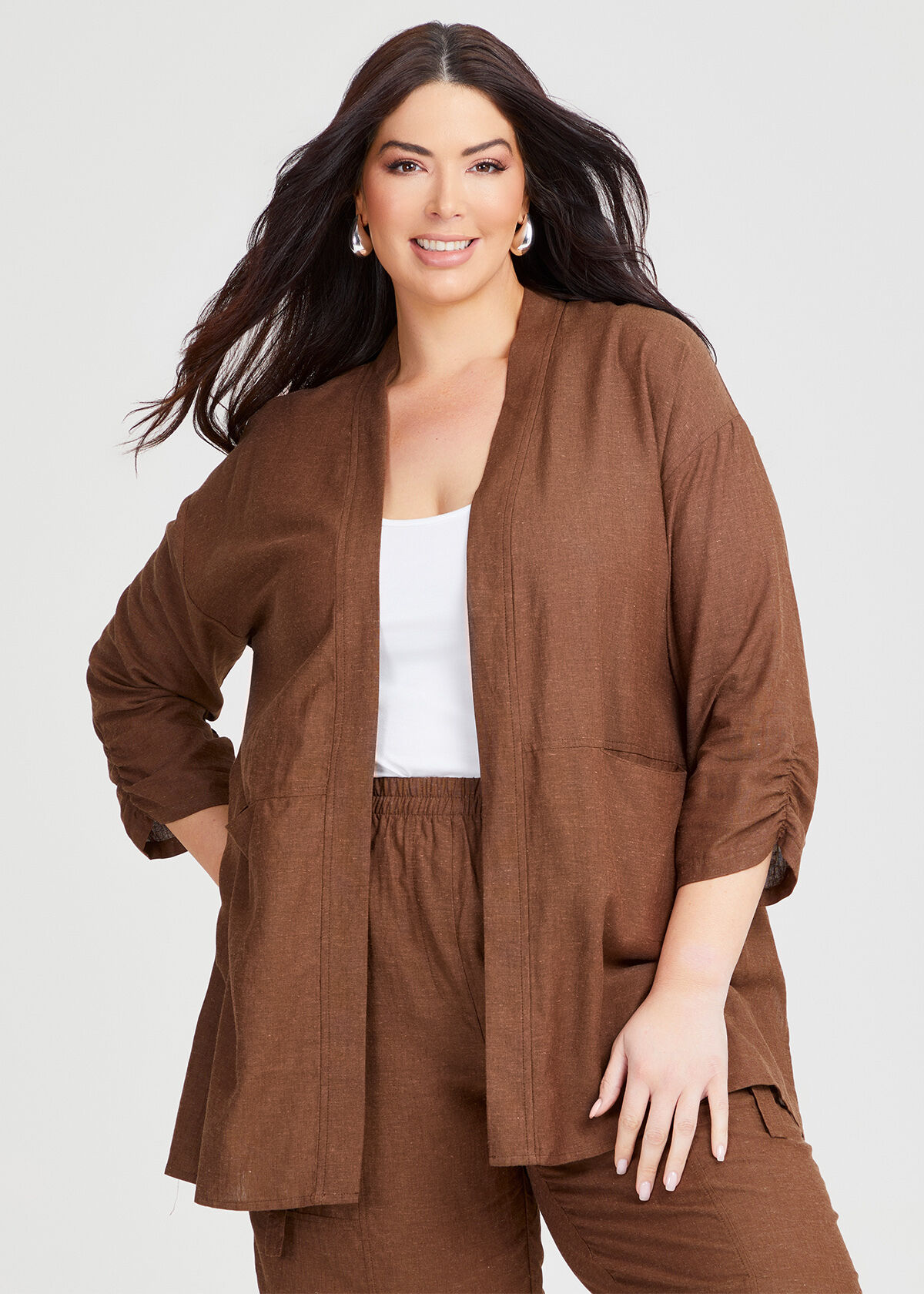 Shop Plus Size Drape Linen Bamboo Cardigan in Brown Taking Shape AU