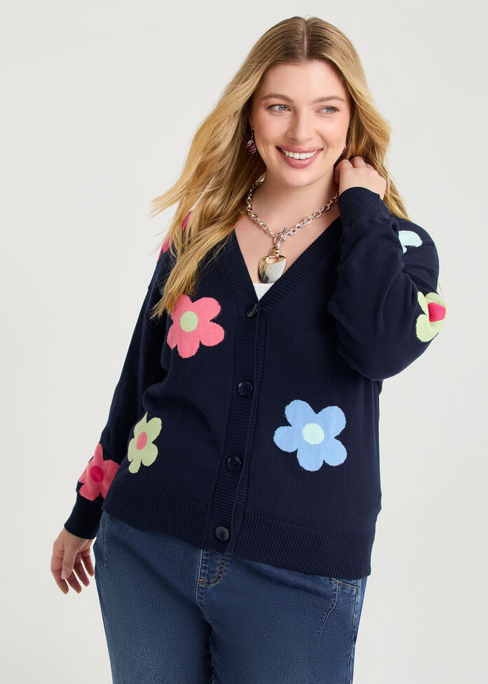 Flower V-neck Crop Cardigan, , hi-res