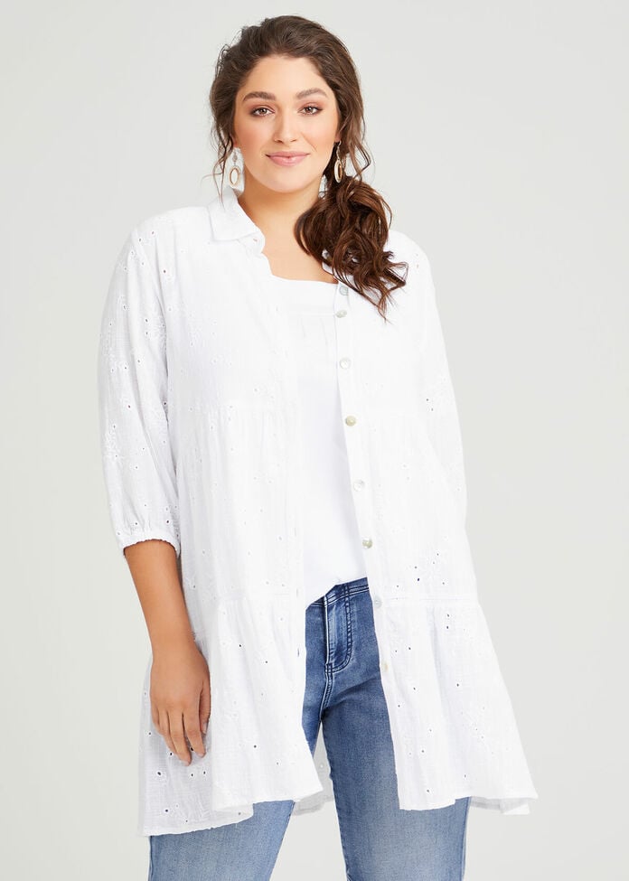 Cotton Embroidery Tiered Shirt, , hi-res