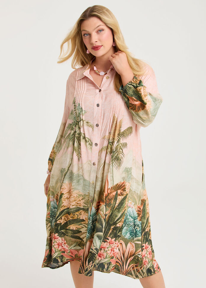 Pintuck Palm Natural Shirt Dress, , hi-res