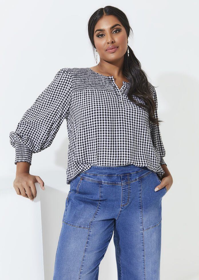 Natural Mini Gingham Peasant Top, , hi-res