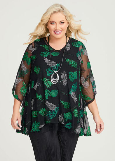 Plus Size Leaf Embroidered Mesh Tunic