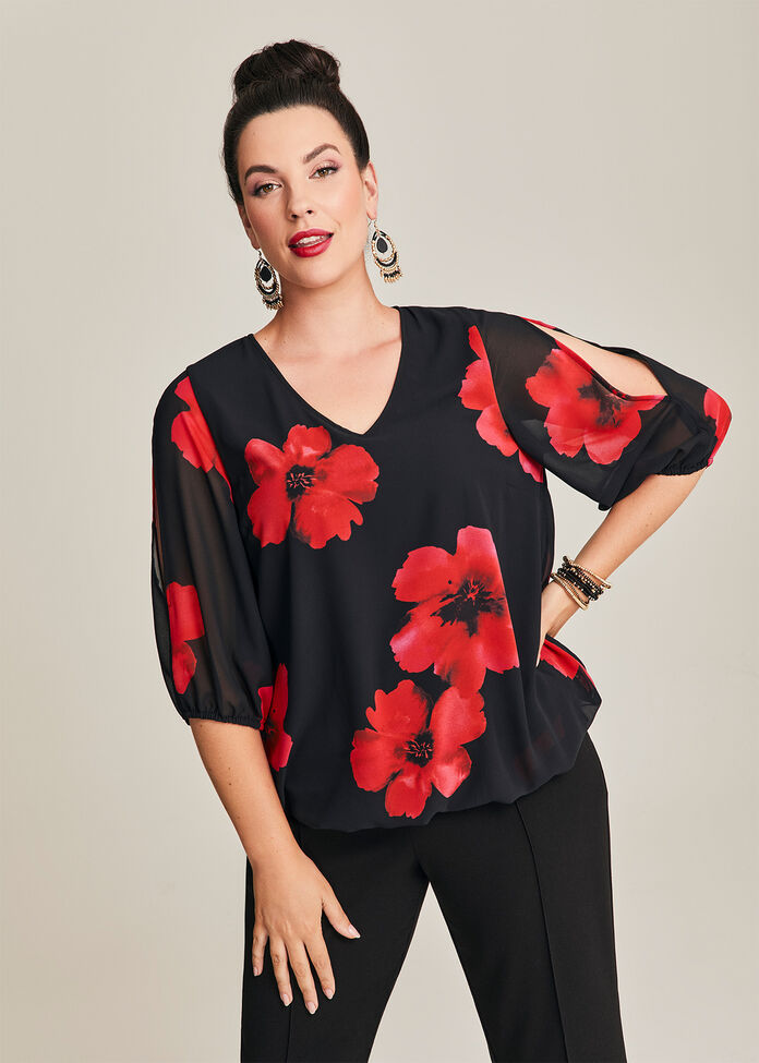 Gracie Floral Split Sleeve Top, , hi-res