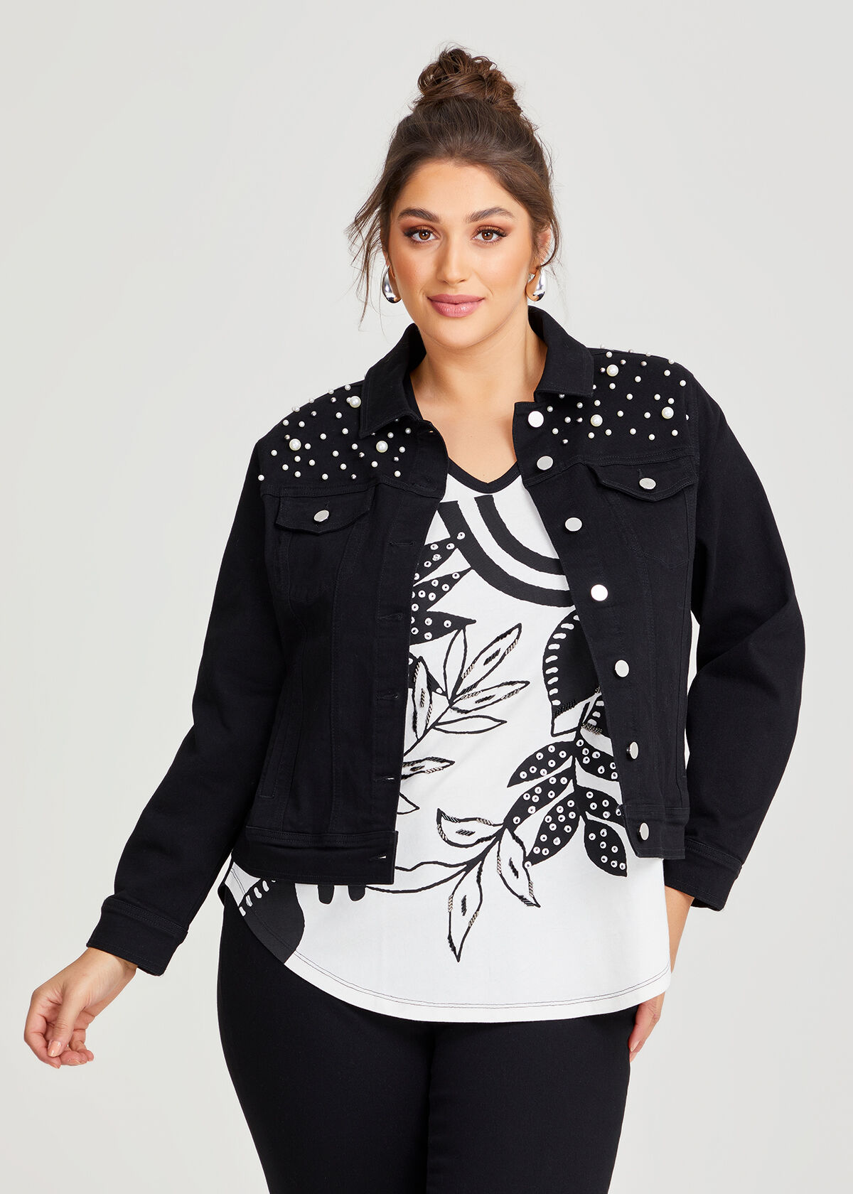 Shop Plus Size Pearl Embellished Denim Jacket in Black Taking Shape AU