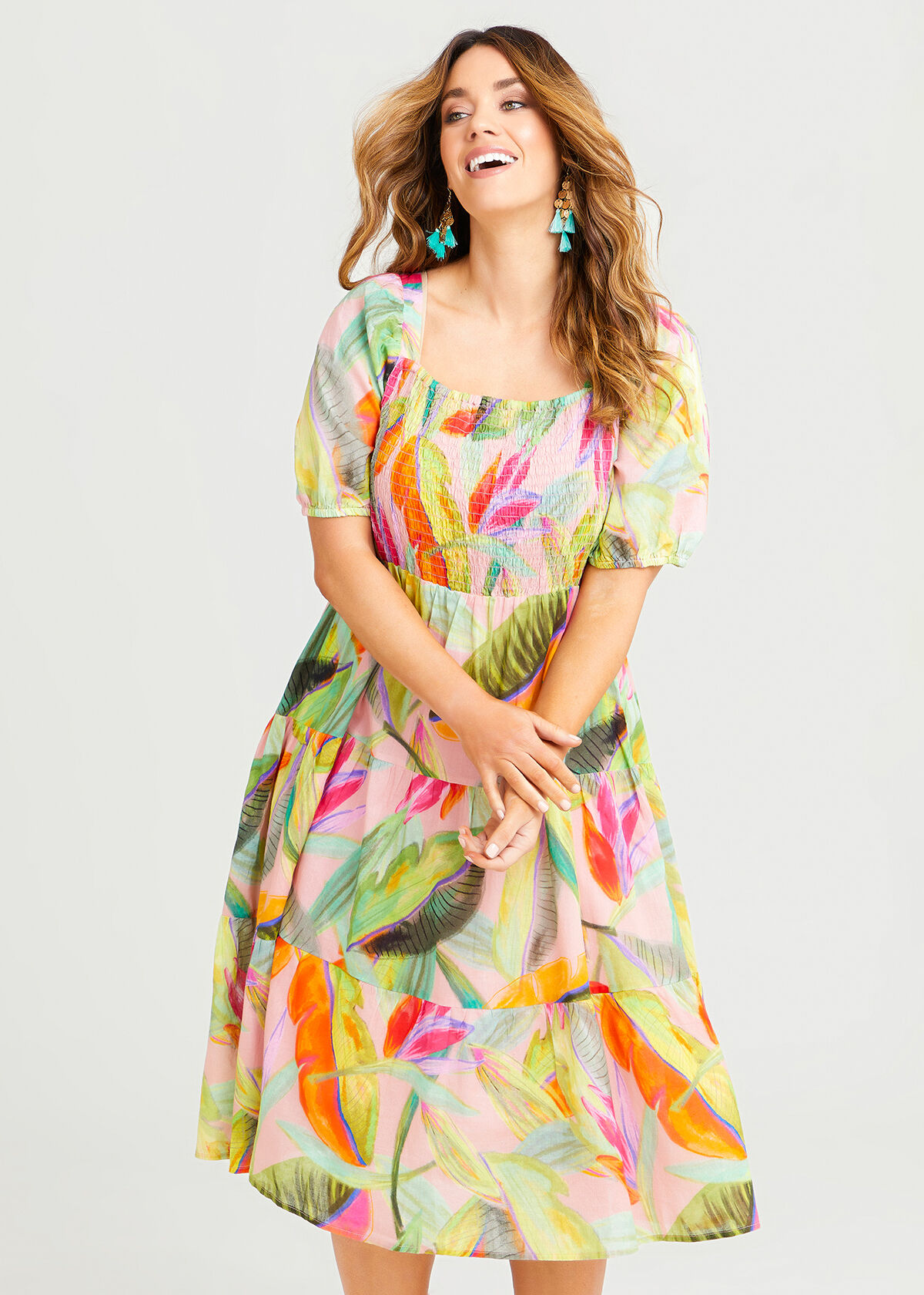 Shop Plus Size Cotton Shirred Tropical Dress in Multi Sizes 12