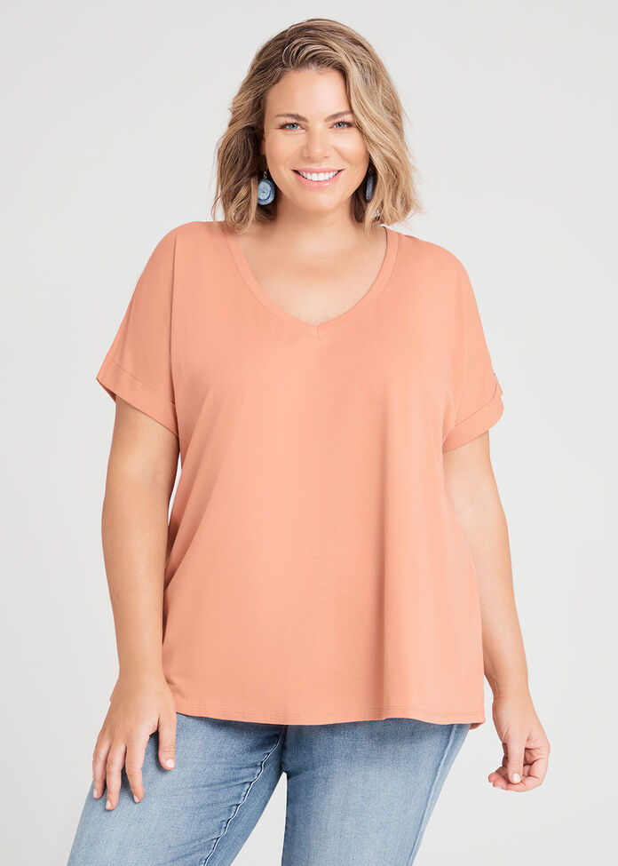 Organic Cuff V-neck Basic Tee, , hi-res