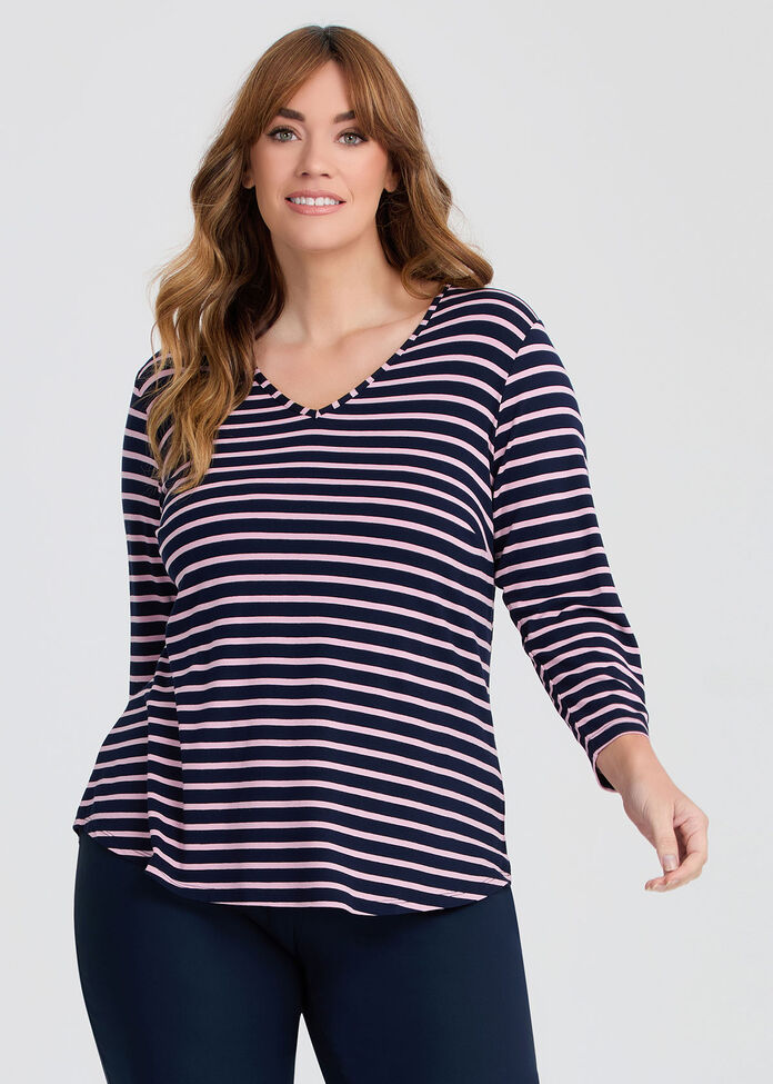 Natural Stripe 3/4 Sleeve T-shirt, , hi-res