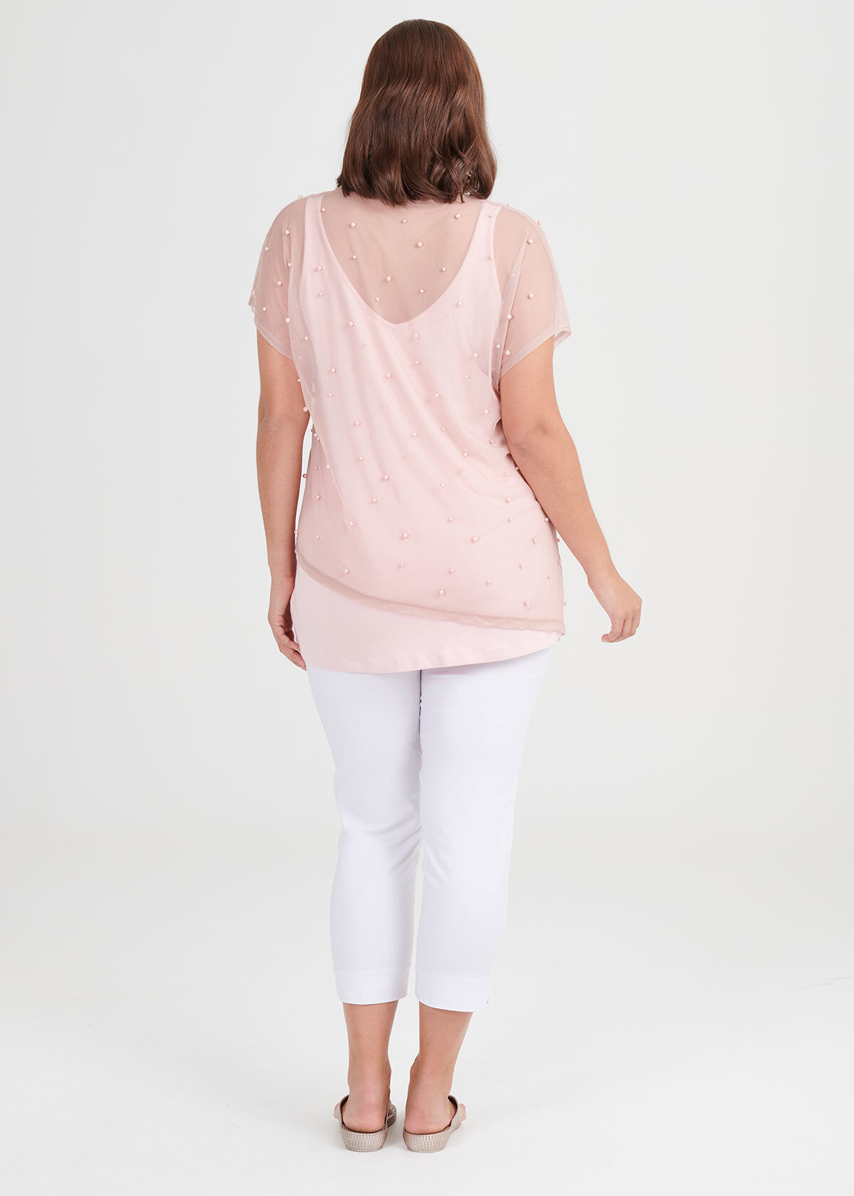 white pearl mesh top