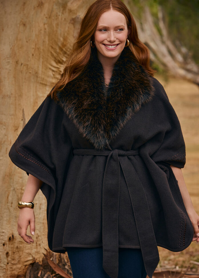 Embroidered Fur Tie Up Cape, , hi-res