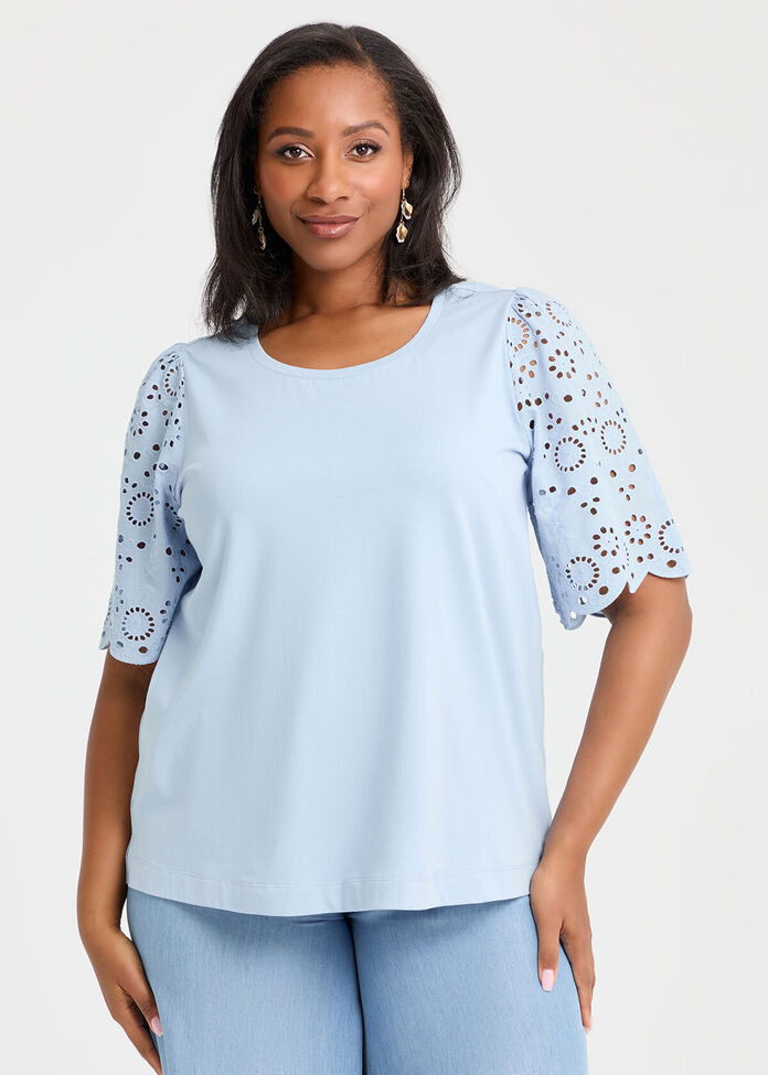 Cotton Broderie Sleeve T-shirt, , hi-res