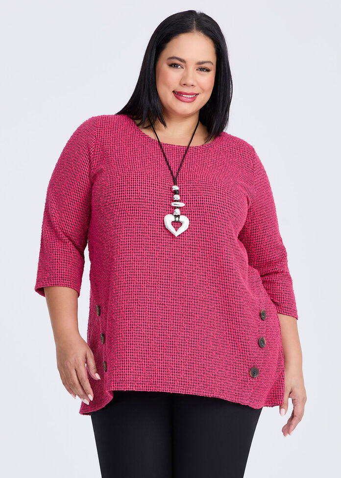 Textured Button Detail Top, HOT PINK, hi-res