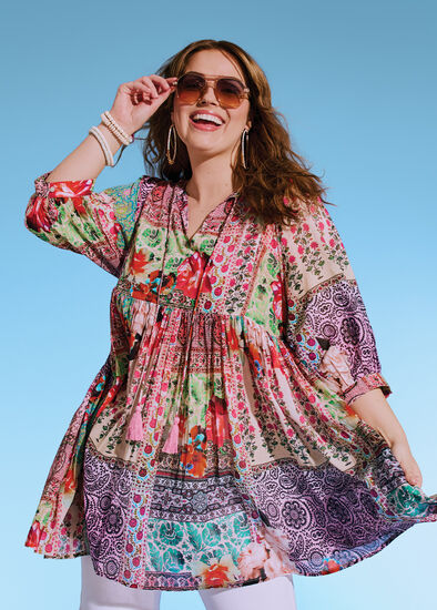 Plus Size Cotton Patchwork Floral Tunic