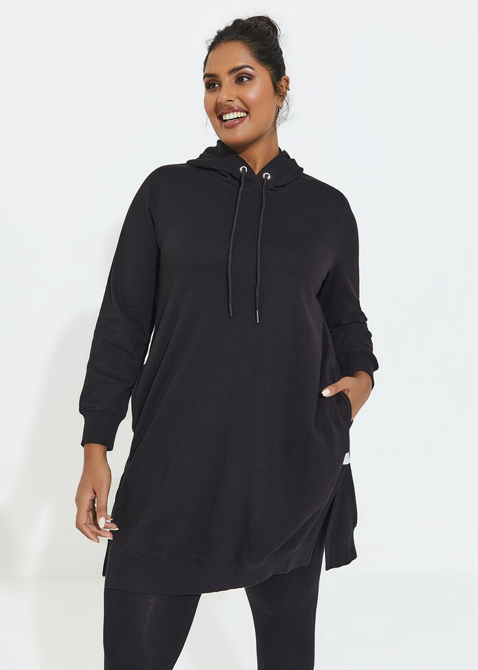 Black Hooded Sweat Dress, , hi-res