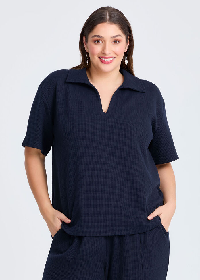 Waffle Collared Top, , hi-res