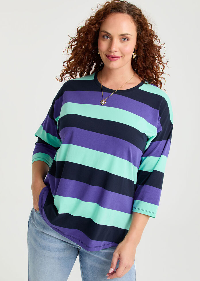 Cotton 3/4 Multi Stripe Top, , hi-res