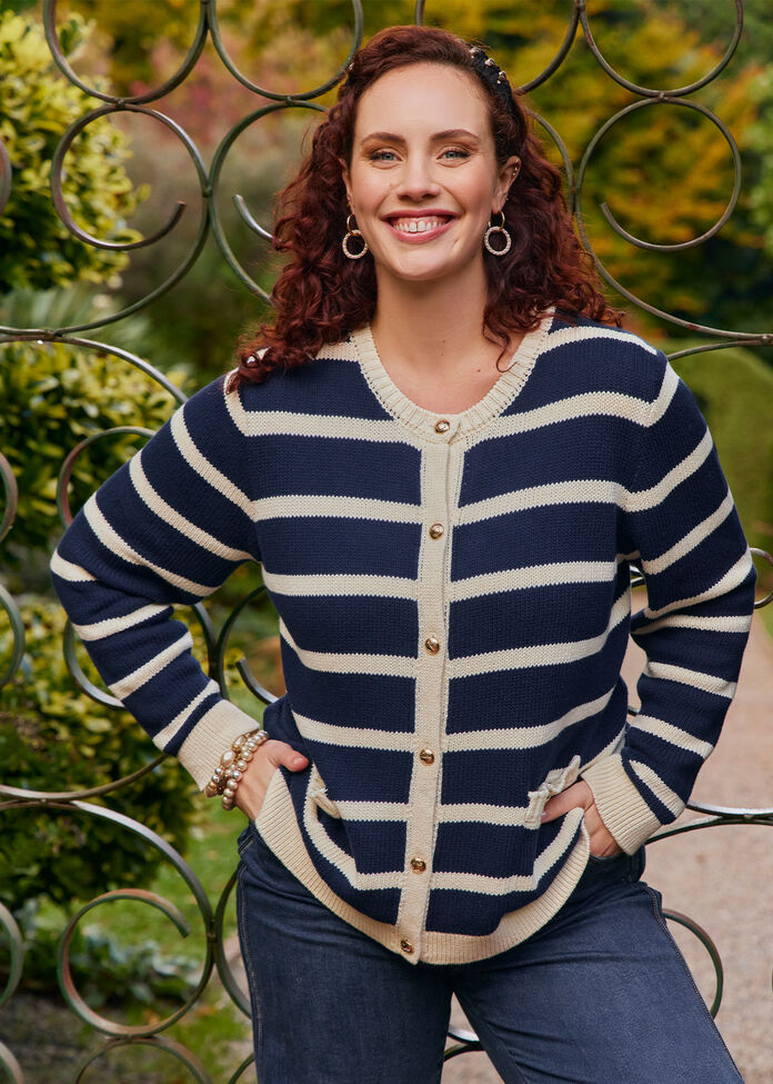 Cotton Buttoned Stripe Cardigan, , hi-res