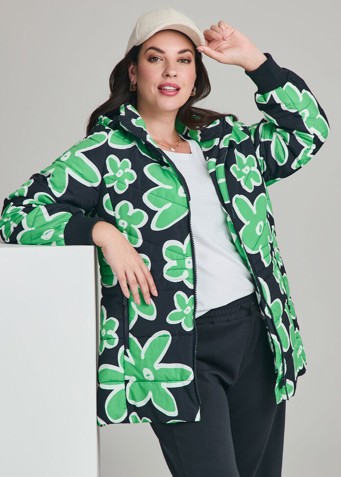 Shop Plus Size Floral Printed Puffer Jacket, Multi Taking Shape AU