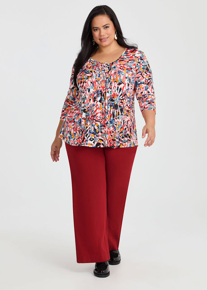 Printed Pintuck 3/4 Sleeve Top, , hi-res