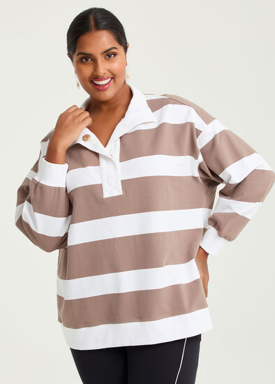 Plus Size Cotton Stripe Funnel Neck Sweatshirt 