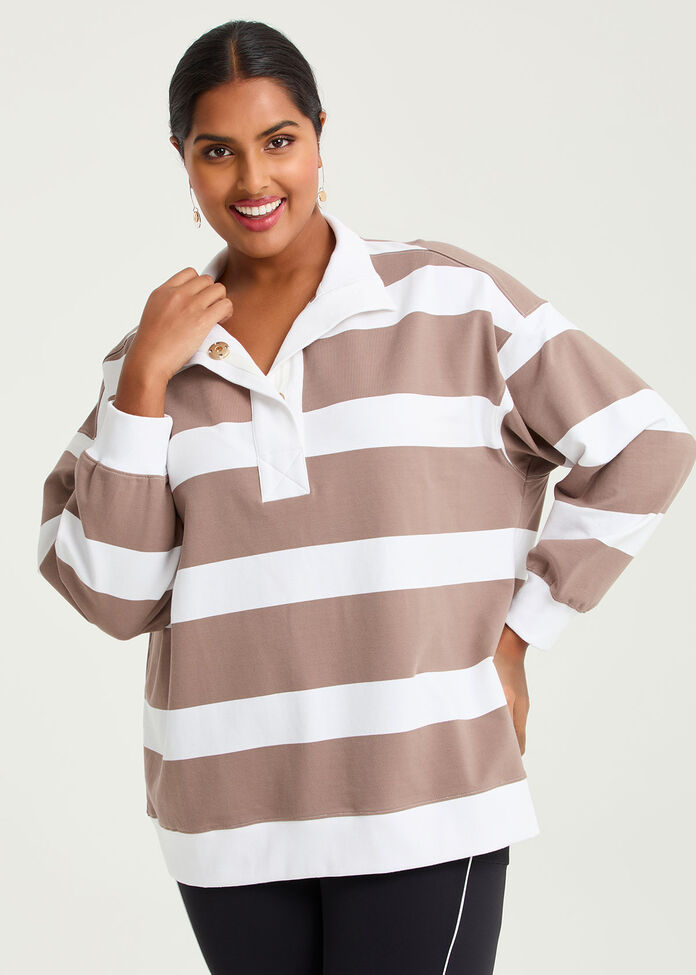 Cotton Stripe Funnel Neck Sweatshirt , , hi-res