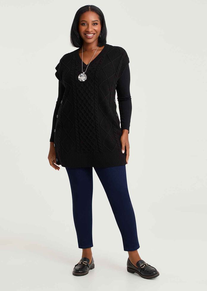 Cable Knit V-neck Button Tunic, , hi-res
