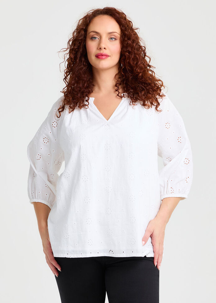 Cotton Broderie Sleeve Top, , hi-res