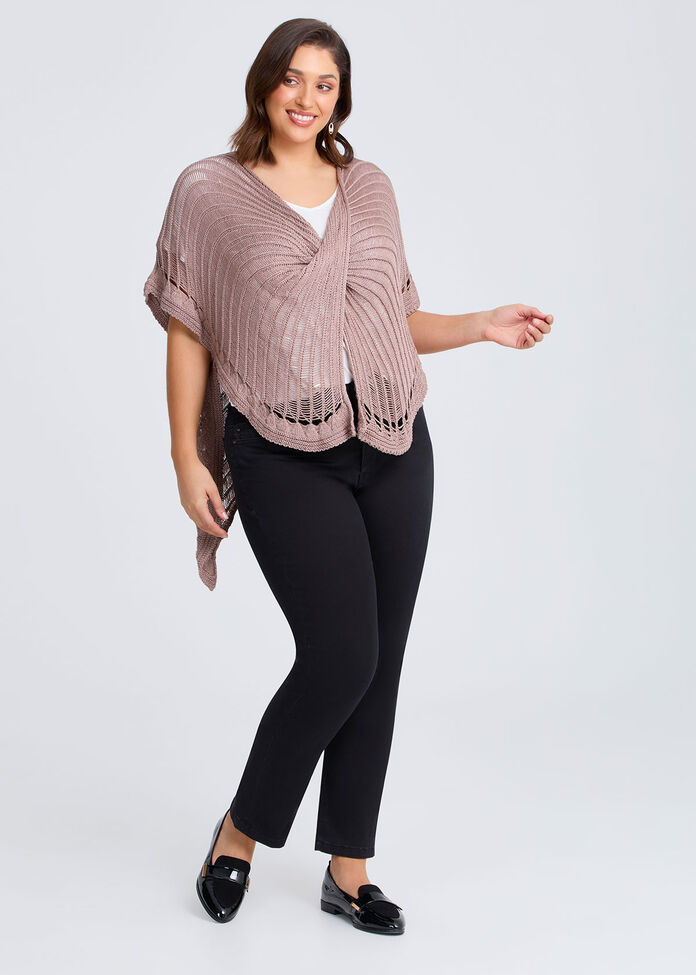 Open Knit Twist Front Poncho, , hi-res