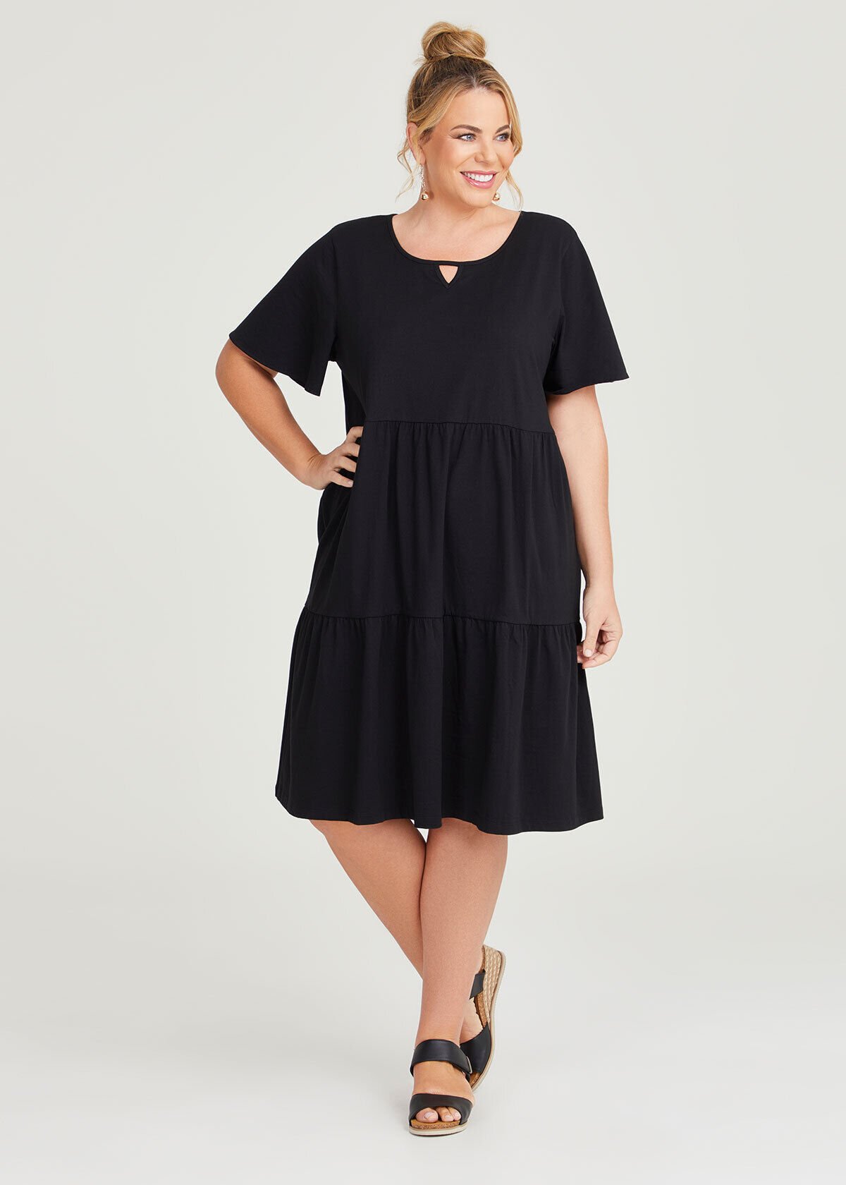 Shop Plus Size Cotton Floaty Sleeve Dress in Black Sizes 12 30
