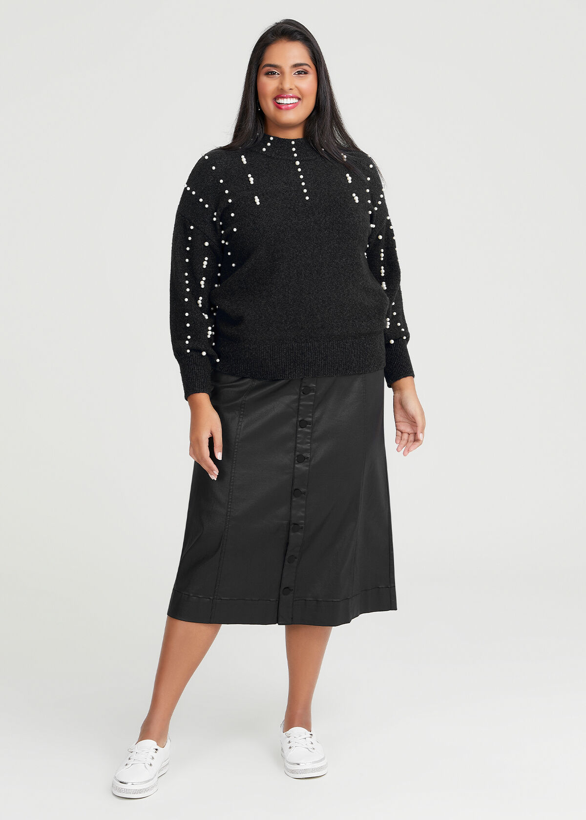 Shop Plus Size Coated Denim Spliced Skirt in Black Taking Shape AU