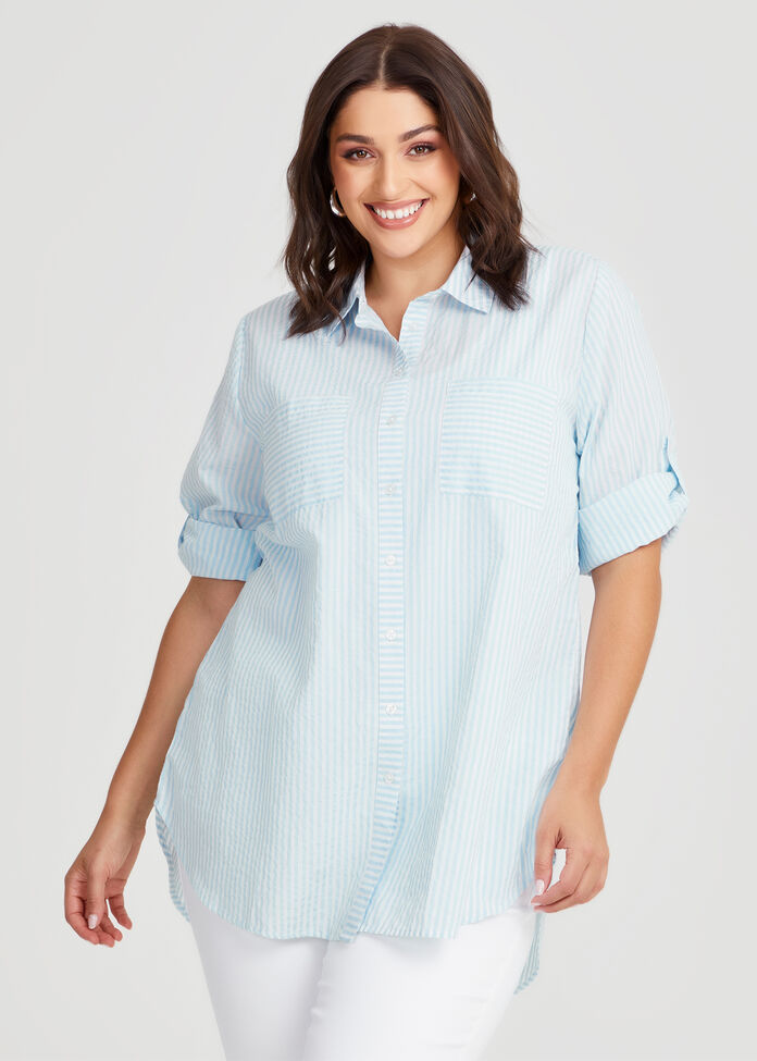 Cotton Seersucker Stripe Shirt, , hi-res