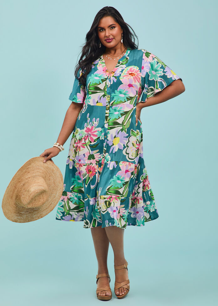 Natural Pastel Floral Button Dress, , hi-res