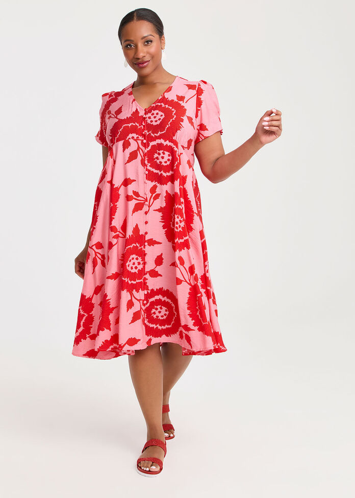 Natural Button Thru Flora Dress, , hi-res