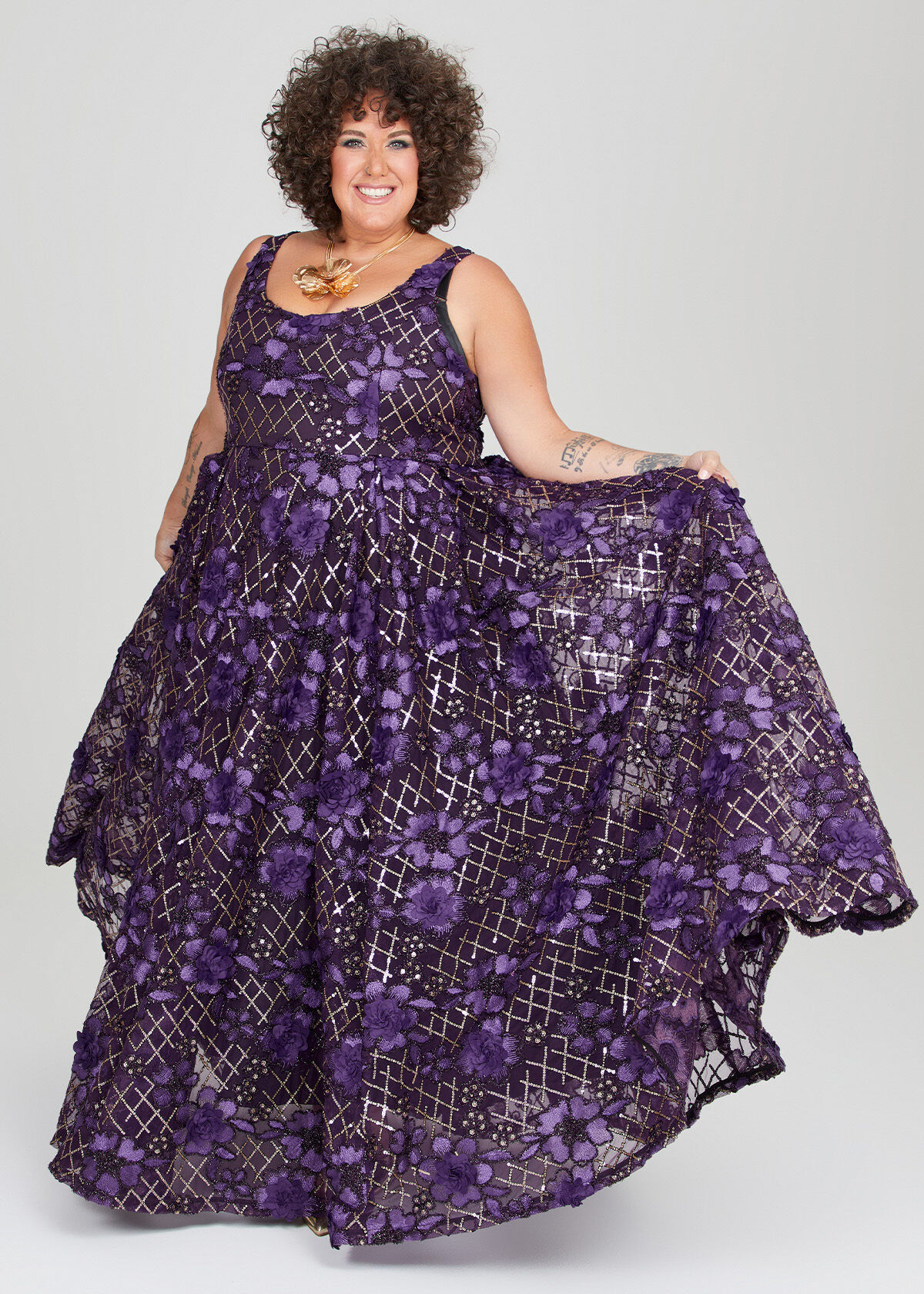 Shop Plus Size Candlelight Sequin Flower Gown in Purple Taking