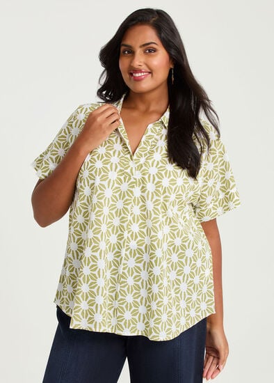 Plus Size Cotton Geometric Floral Top