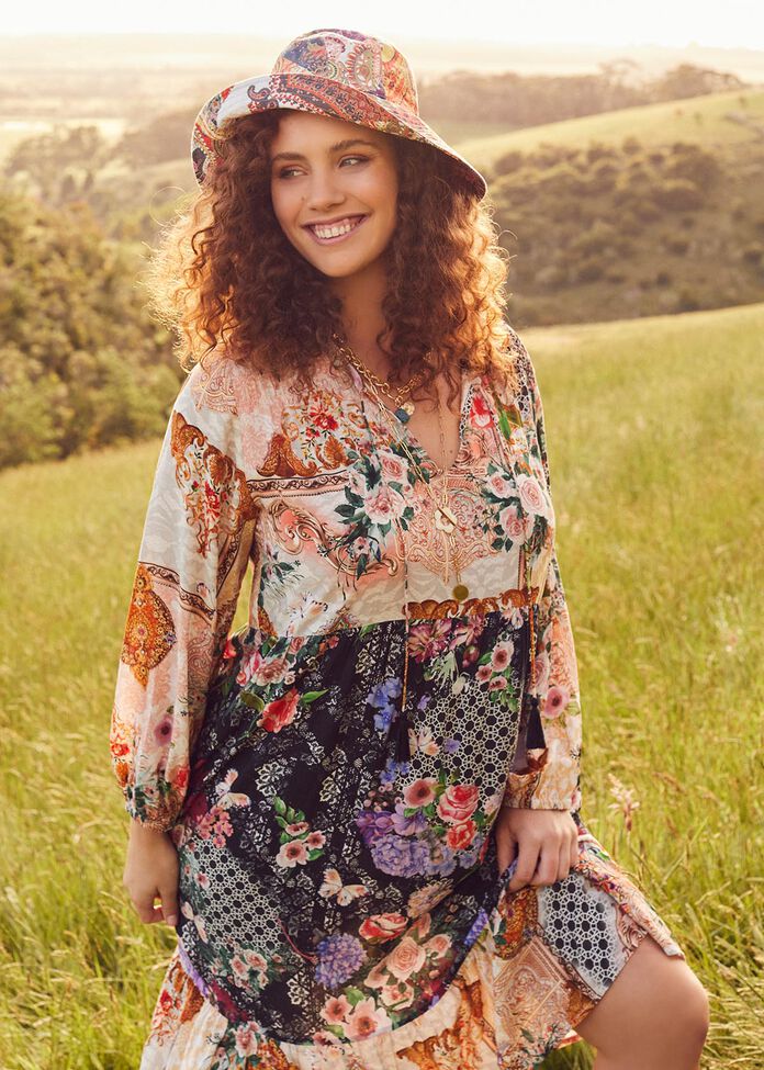 Natural Patchwork Mix Boho Dress, , hi-res
