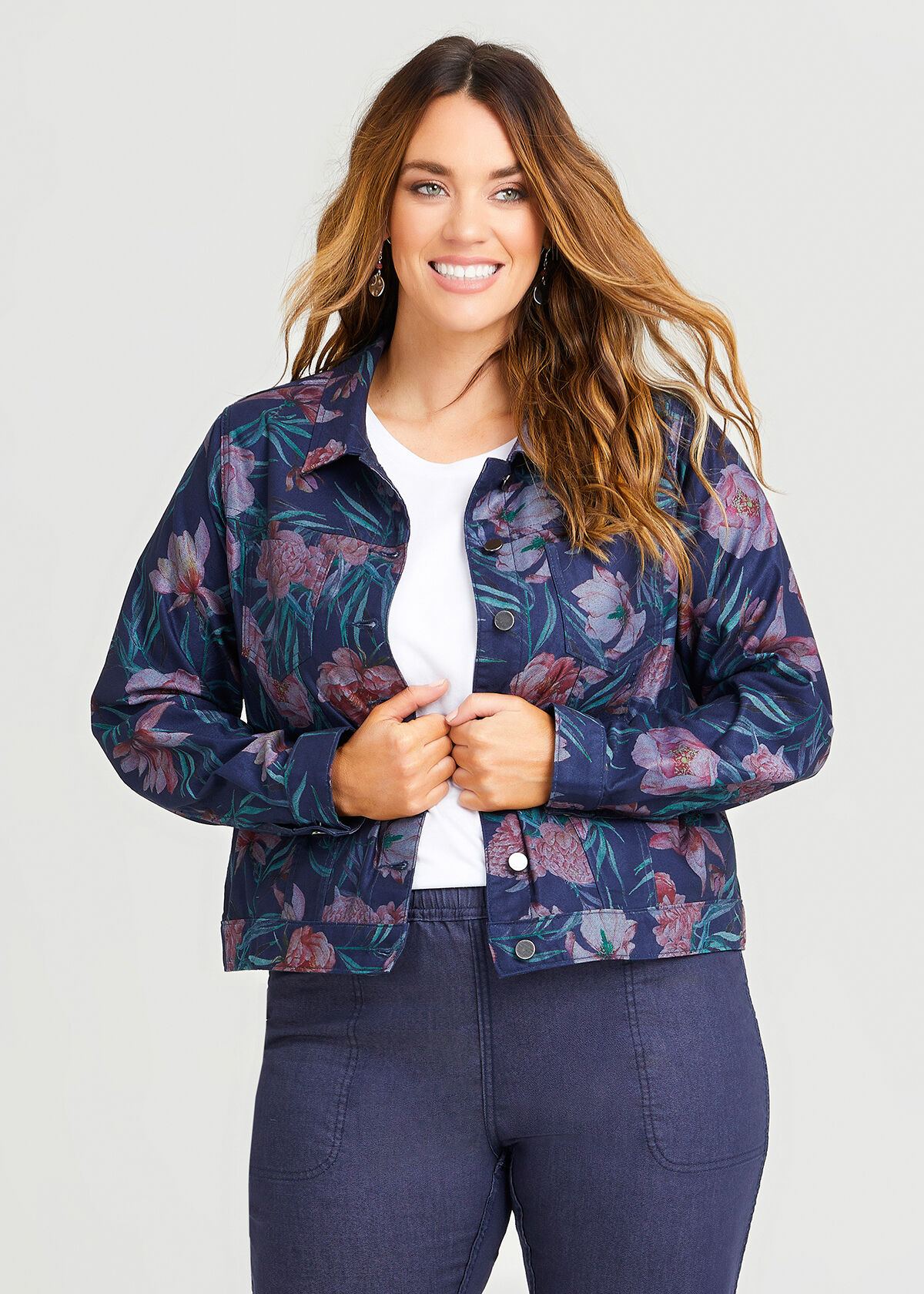 Printed denim jacket womens shop