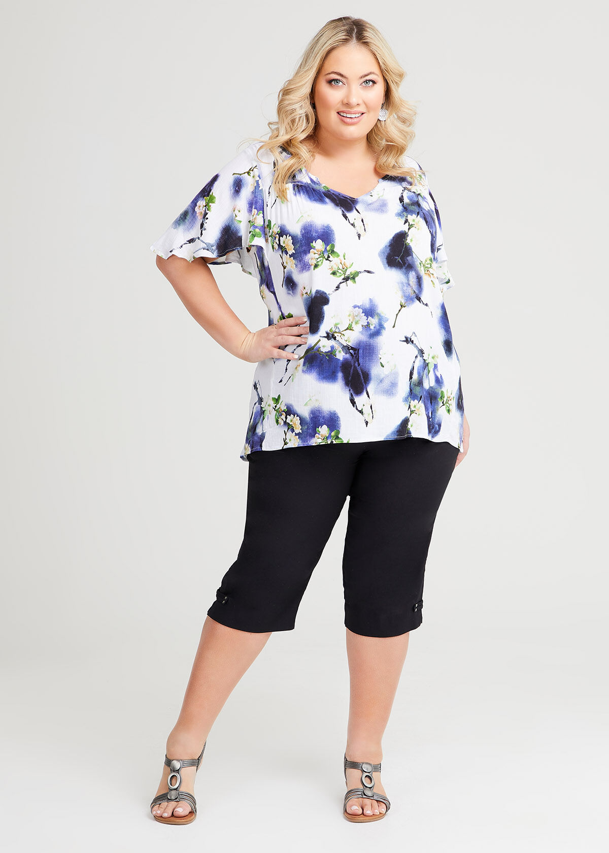 Shop Plus Size Floral Flutter Sleeve Top in Blue Taking Shape AU