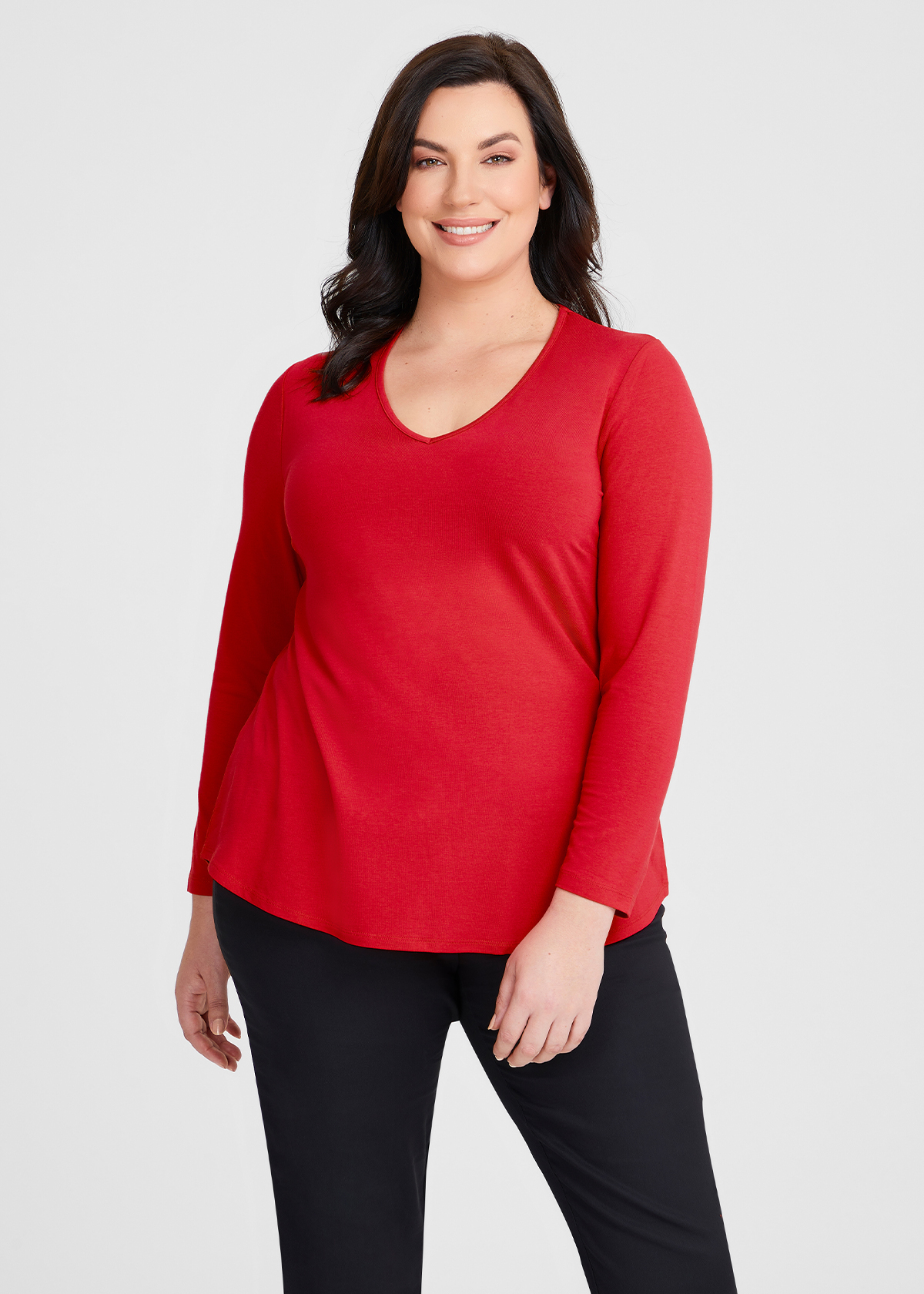 Shop Plus Size Natural Everyday V-neck Long Sleeve Top in Red | Taking ...