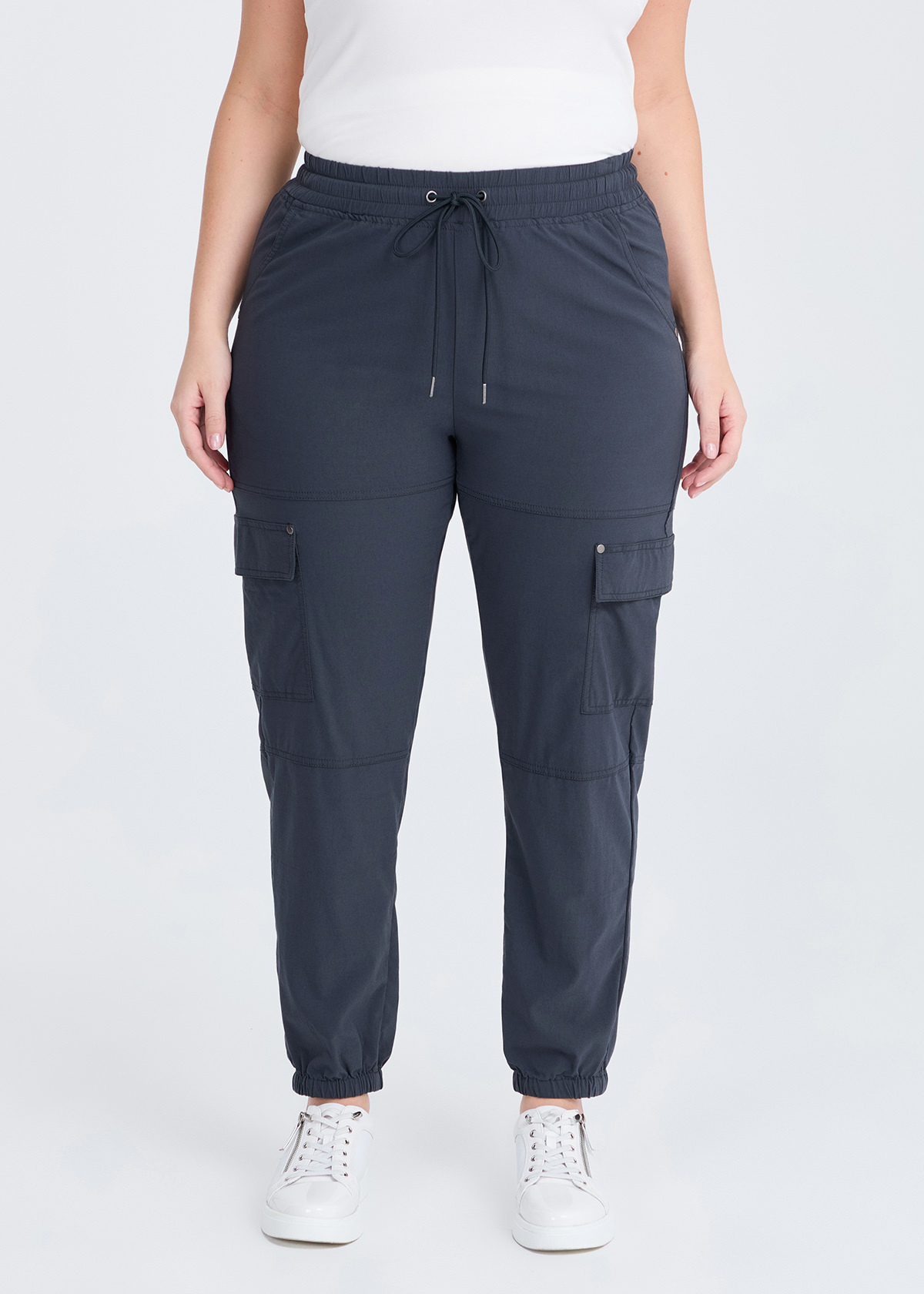 Shop Plus Size Castaway Pull On Cargo Pant, Grey Taking Shape NZ