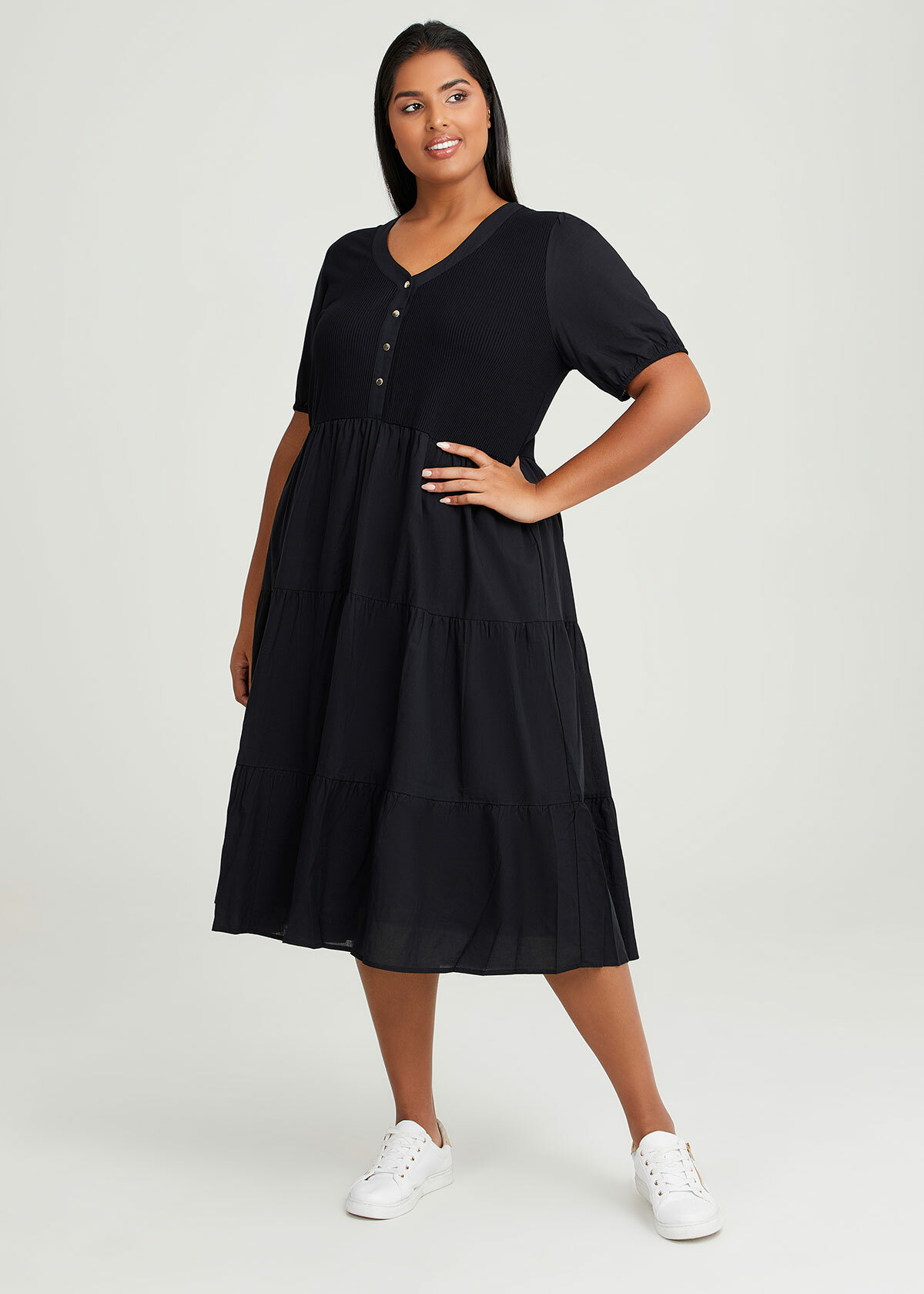 Shop Plus Size Cotton Rib Tiered Dress in Black | Taking Shape AU