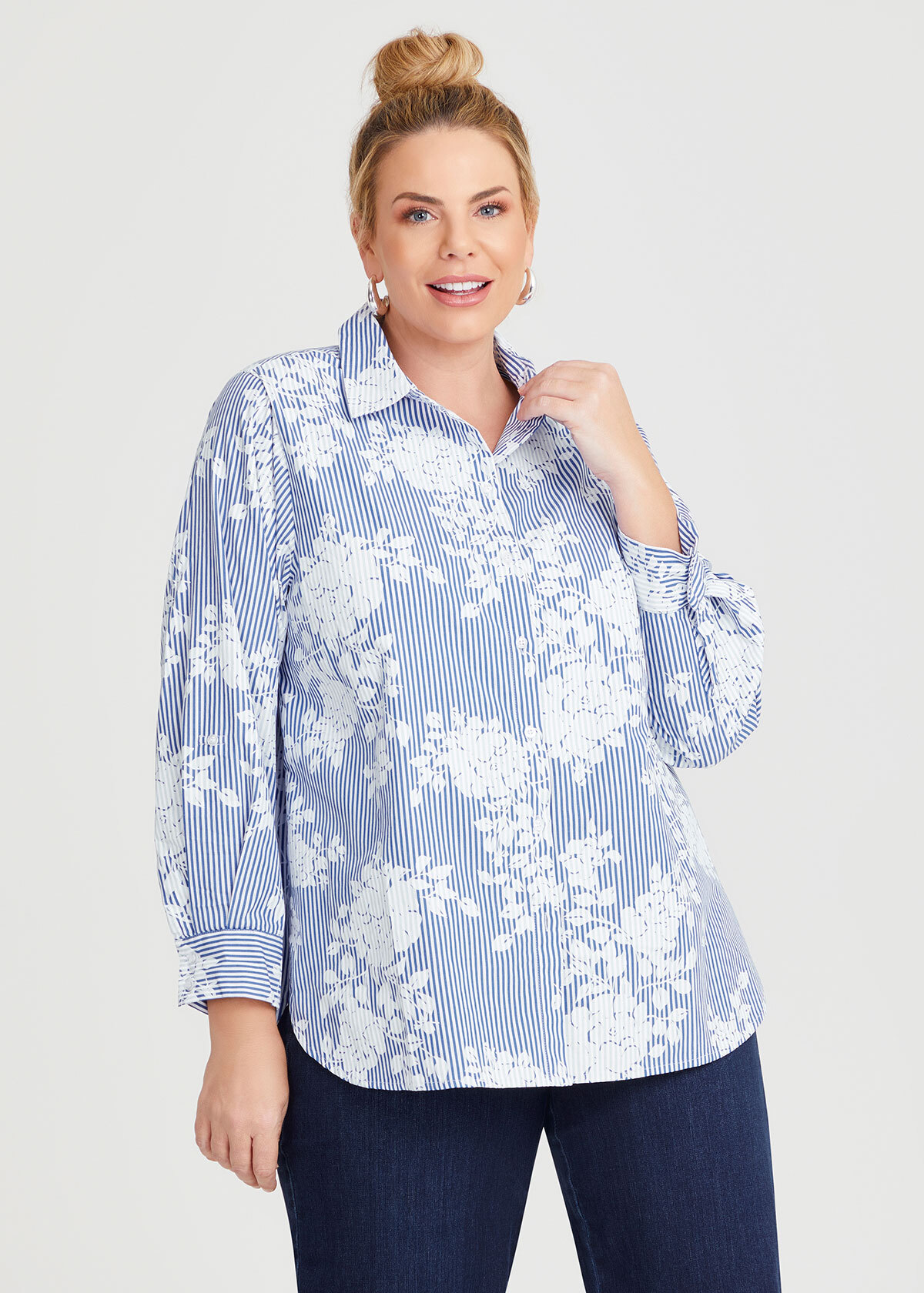Women's Plus Size Casual Shirt Blue Stripe Cotton
