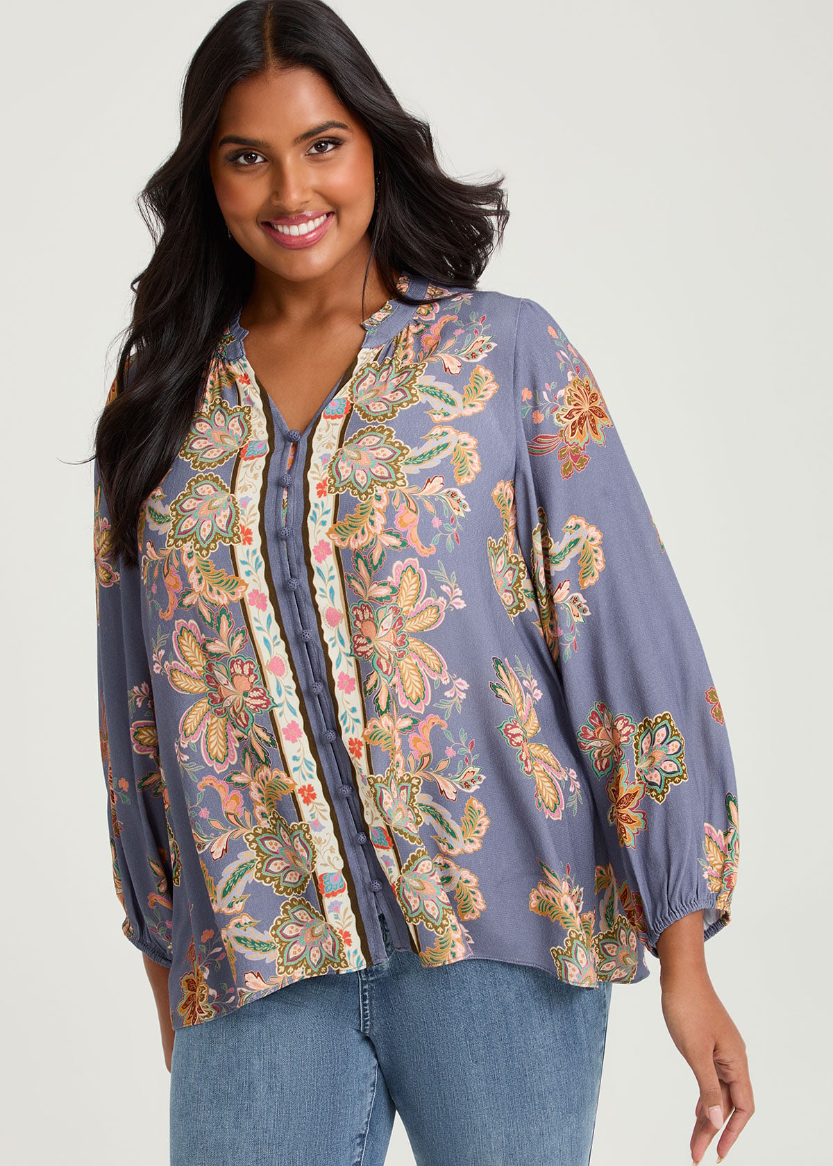 Natural Jacobean Scarf Print Top