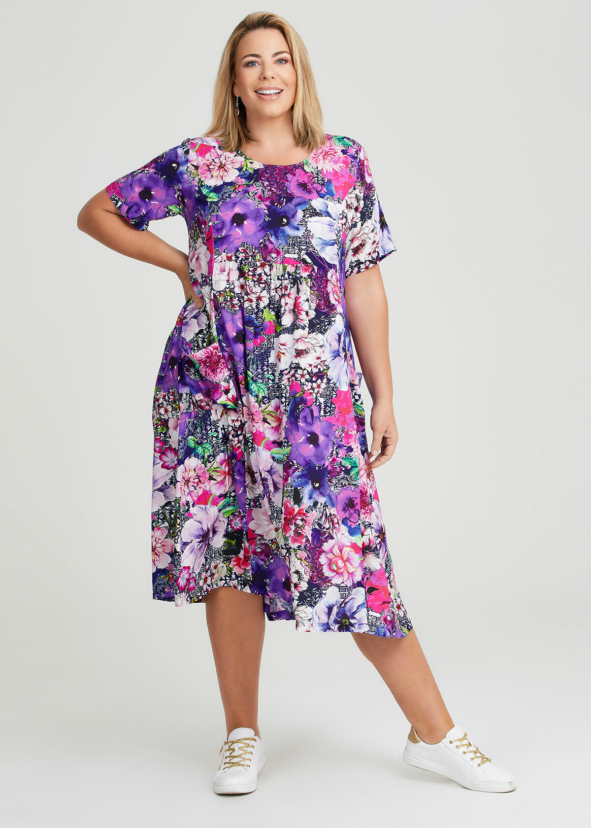 Plus Size Women Ethnic Flower A Shape Loose Dress