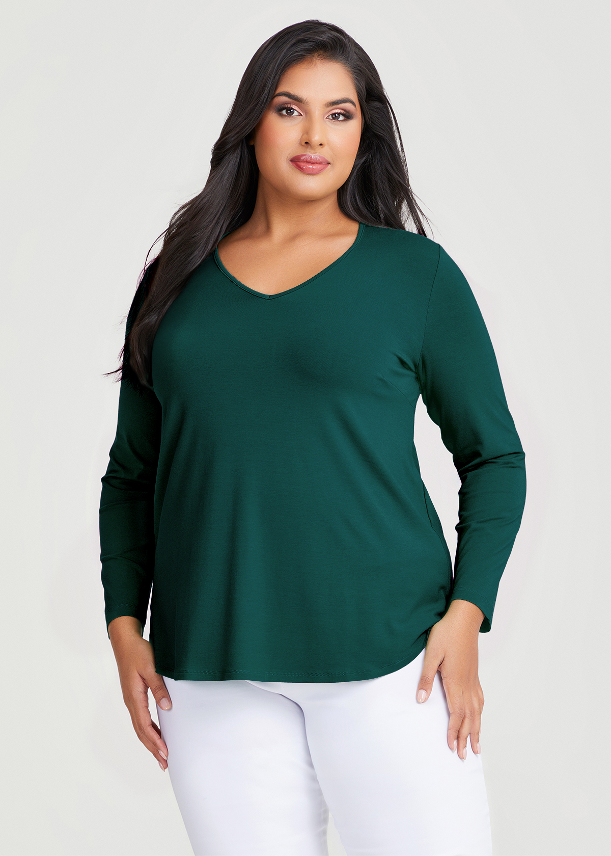 Shop Plus Size Natural Everyday V-neck Long Sleeve Top in Green ...