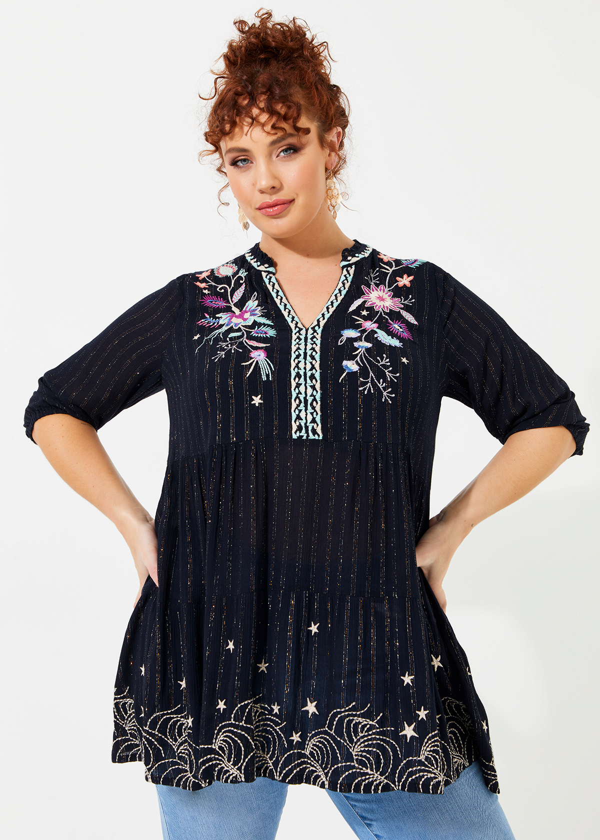 Shop Plus Size Natural Embroidered Tunic in Blue | Taking Shape NZ