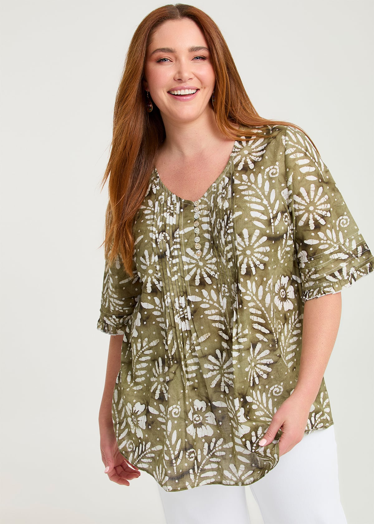 Taking Shape Cotton Elbow Sleeve Pintuck Top Size 22 in ELM Green / OFF White - Plus Size Women's Tops & T Shirts