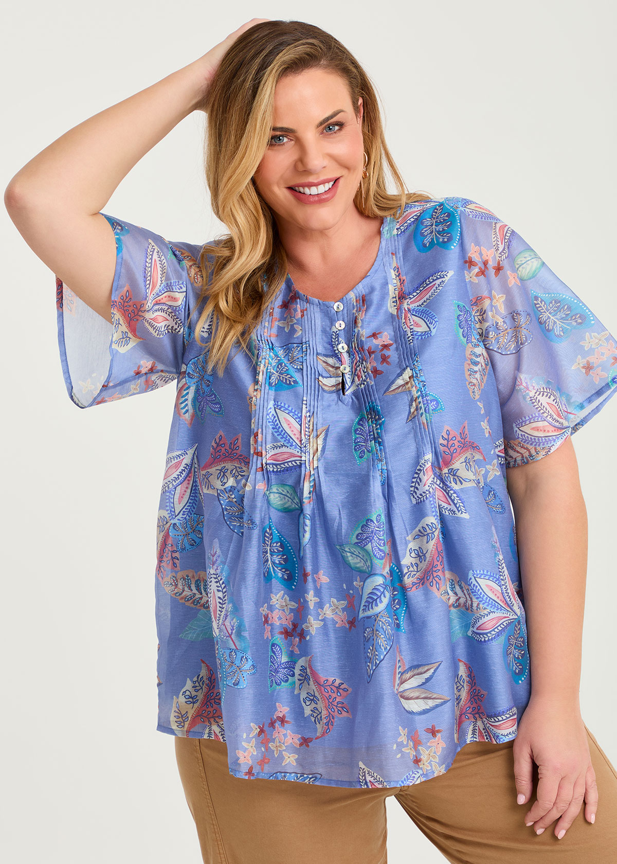 Taking Shape Lyocell Linen Pintuck Foliage Top Size 14 in Print - Plus Size Women's
