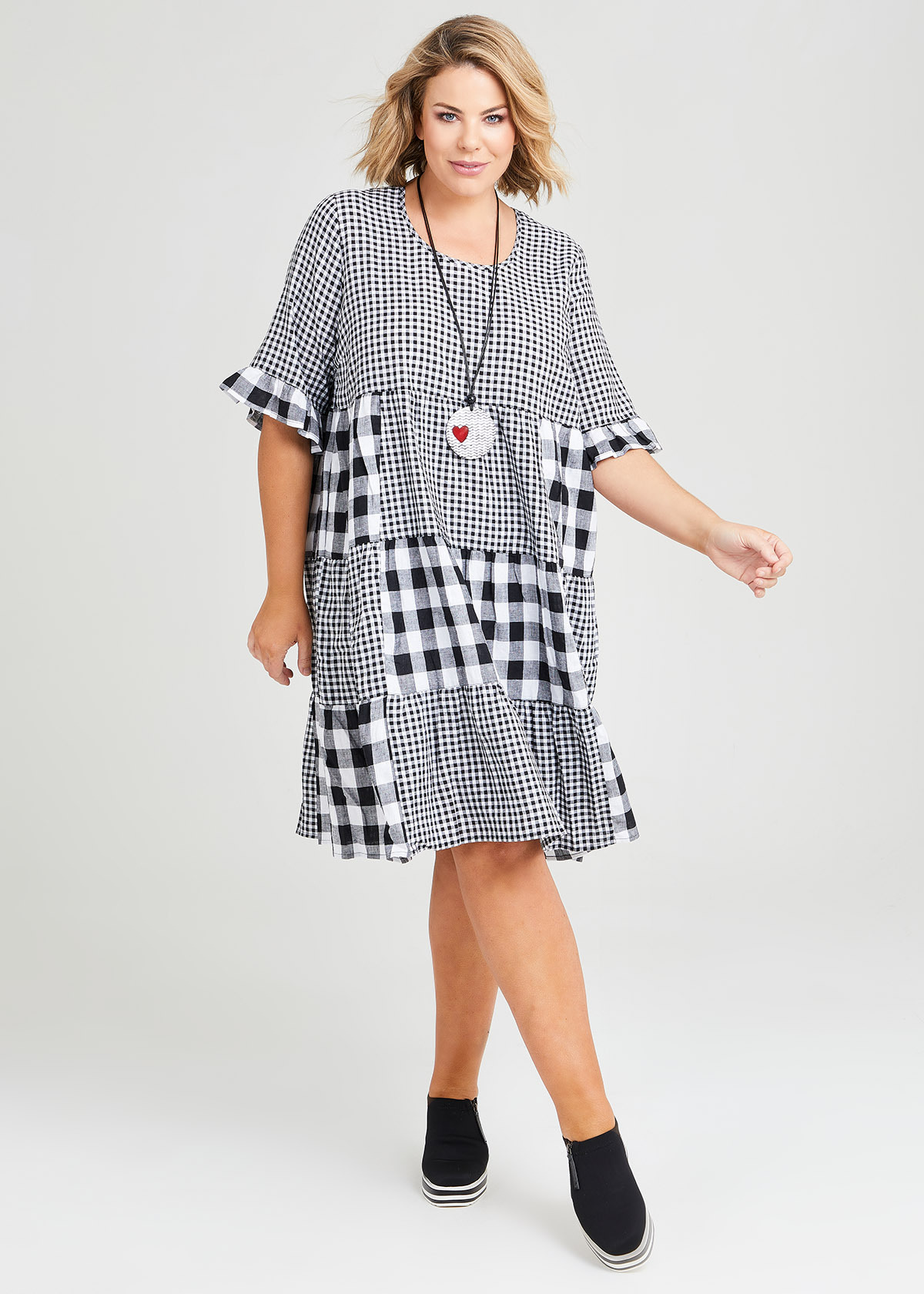 Shop Plus Size Linen Check Mate Tiered Dress in Multi | Taking Shape AU